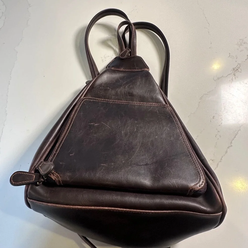 Villager Liz Claiborne Dark Brown Faux Leather Convertible Sling Backpack Y2K
